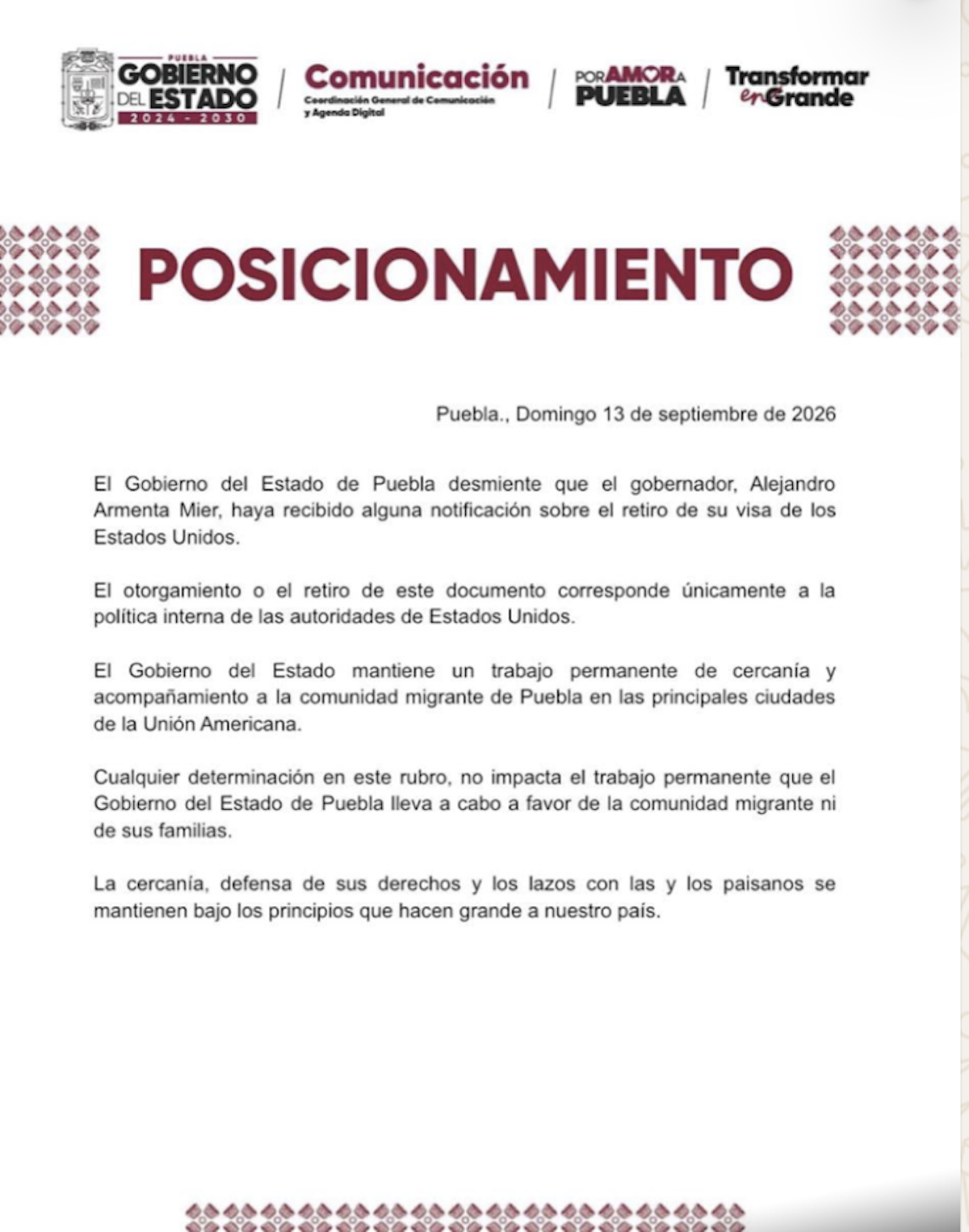 Gobierno de Puebla, niega retiro de visa a gobernador Alejandro Armenta